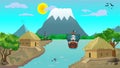 Natural landscape background with lake, mountains, village, house, tree, boat, sky, clouds, sun, crow, field vector illustration.