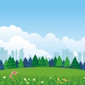 Natural Landscape background with pine forests and Shilhouette Urban building