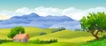 Natural landscape background with sky with clouds, mountains, hills and in the foreground a small house and trees. Illustration. Royalty Free Stock Photo