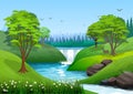 Natural landscape with blue sky, mountain, green hills, trees, pine forest in silhouette, river with waterfall and a little shade.