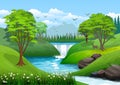 Natural landscape with blue sky, mountain, green hills, trees, pine forest in silhouette, river with waterfall and a little shade. Royalty Free Stock Photo