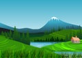 Natural landscape with blue sky, mountains, green hills, a lonely house and trees. Still a lake of refreshing waters. Illustration Royalty Free Stock Photo