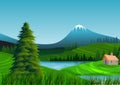 Natural landscape with blue sky, mountains, green hills, a lonely house and trees. Still a lake of refreshing waters. Illustration Royalty Free Stock Photo