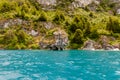 Natural landscape of the `catedrales de marmol` during the summer in the Chilean Patagonia, crossing the `carretera austral` road Royalty Free Stock Photo