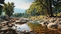 natural landscape with a clear stream, rocks, and green trees under a bright sky Royalty Free Stock Photo