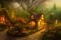 Natural landscape of a fairy tale country, with houses and flowers. Cartoon style. Multi colored fairy lights for the Christmas Royalty Free Stock Photo