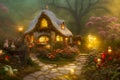 Natural landscape of a fairy tale country, with houses and flowers. Cartoon style. Multi colored fairy lights for the Christmas Royalty Free Stock Photo