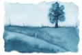 Natural landscape forest field meadow trees outdoors. Hand drawn watercolor illustration, paper close up. Design background,