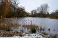 Natural landscape of a frozen pond with snow in the foreground in Rivierenhof 2100 Deurne, Belgium