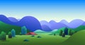 Natural landscape with green hills, trees, mountains and camping tent on meadow - vector illustration background Royalty Free Stock Photo