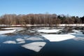 Natural landscape with ice drift on the spring river and forest trees on opposite bank under cloudless blue sky Royalty Free Stock Photo