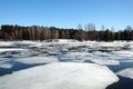 Natural landscape with ice drift on the spring river and forest trees on opposite bank under cloudless blue sky Royalty Free Stock Photo