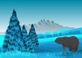Natural landscape with mountain, meadow and cedars and a bear.