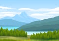 Natural landscape with mountains, coniferous forest, pine trees and a river meandering. Illustration.