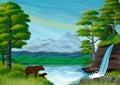 Natural landscape with mountains, forest, trees, lake and waterfall. Still bears in silhouette.