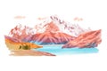 Natural landscape mountains and river watercolor illustration