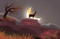 Natural landscape with night scene with the silhouette of a deer on the moonlight. Illustration.