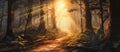 Natural landscape painting sun shining through dark forest trees Royalty Free Stock Photo