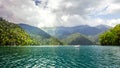 Natural landscape. Panorama view of the lake Small Ritsa. Trees reflecting in the blue from lapis lazuli water. Ritsa National Par Royalty Free Stock Photo