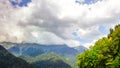 Natural landscape. Panorama view of the lake Small Ritsa. Trees reflecting in the blue from lapis lazuli water. Ritsa National Par Royalty Free Stock Photo