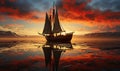 Natural landscape, sailing frigate at sunset, dawn.