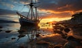 Natural landscape, sailing frigate at sunset, dawn.