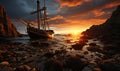 Natural landscape, sailing frigate at sunset, dawn.