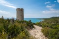 Natural landscape of Sierra de Irta Park with Badum sentinel tower on a summer day with blue sky, Peniscola, Castellon, Spain Royalty Free Stock Photo