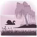 Natural landscape with trees, lake and swan birds silhouettes.