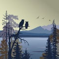 Natural landscape with trees, mountains, lake and owls silhouettes. Royalty Free Stock Photo