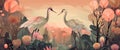 Pink natural landscape with two cranes flying on beautiufl lotuses. Generative AI