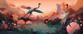 Pink natural landscape with two cranes flying on beautiufl lotuses. Generative AI