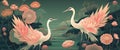 Pink natural landscape with two cranes flying on beautiufl lotuses. Generative AI