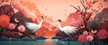 Pink natural landscape with two cranes flying on beautiufl lotuses. Generative AI