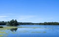 Natural landscape view of lake and green forest with clear blue sky reflection on water in sunny day spring. Beautiful and Royalty Free Stock Photo