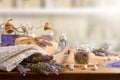 Natural lavender body care products on wooden table Royalty Free Stock Photo