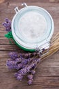 Natural lavender and coconut body scrub Royalty Free Stock Photo