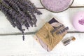 Natural lavender soap with lavender flowers on it Royalty Free Stock Photo