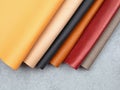 Natural leather textures samples on gray stone background Royalty Free Stock Photo