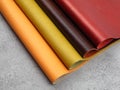 Natural leather textures samples on gray stone background Royalty Free Stock Photo
