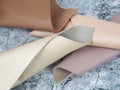 Natural leather textures samples on grey stone background Royalty Free Stock Photo
