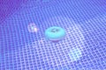 natural light. frame pool. a container with solid tablets floats in the pool for disinfection Royalty Free Stock Photo