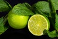 Natural lime and mint leaves on a dark background. Tropical citrus fruits Royalty Free Stock Photo