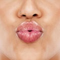 Natural lips and aesthetic kiss girl with lip gloss cosmetic and clear skin texture zoom. Skincare model with flirting