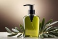 Natural Liquid Soap With Olive Oil In A Clear Bottle With Black Pump Isolated On Beige Background