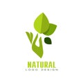 Natural logo design, healthy premium quality label with green leaves and human hand, emblem for cafe, packaging Royalty Free Stock Photo