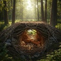 A natural-looking structure resembling a nest is crafted from interwoven branches wit Royalty Free Stock Photo