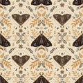 Natural magic motif in Scandinavian folk style. Vintage illustration. Seamless pattern with butterflies, ferns and other