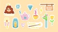 Natural magic set of childrens stickers. Little sorceress with crown and golden key with crystal