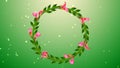 Natural Magic Warm Green Circle Frame Vine Pink Calla Lily Flowers And Leaves With Glitter Magical Dust Flying
